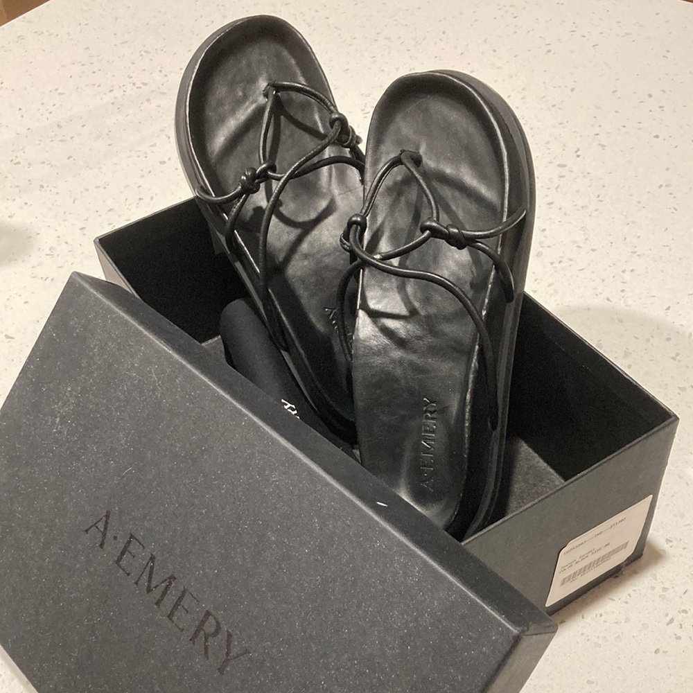 A.EMERY Black Leather Knot Strap Women's Sandals